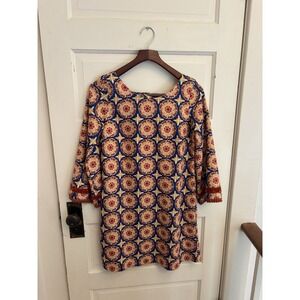 Uncle Frank Women's Blue Floral Shift‎ Dress 3/4 Sleeve Fringe Velvet Size XS